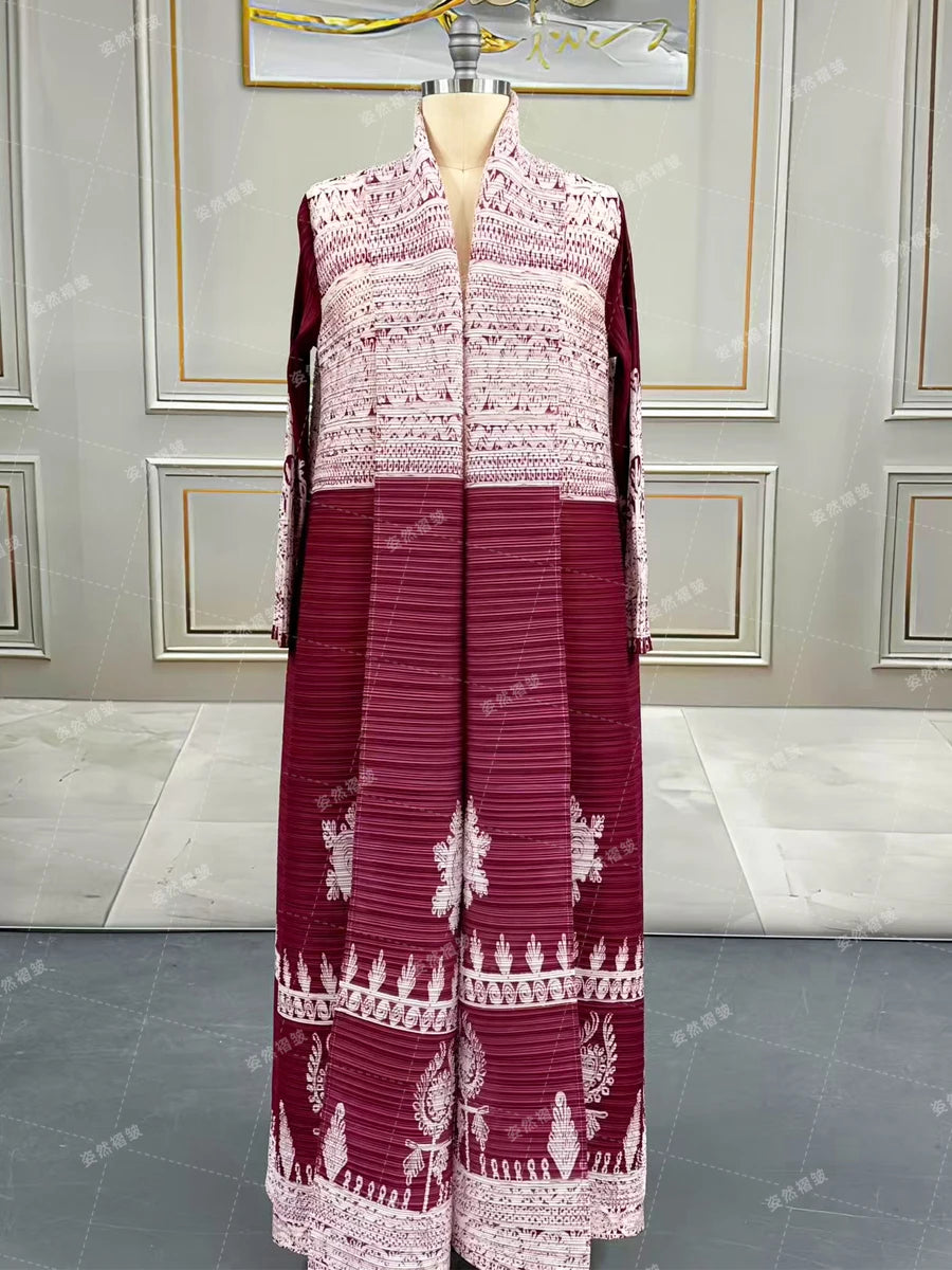 Eid Abaya Dubai Luxury For Women Miyake Pleated Plus Size Middle Eastern Clothing Long Sleeve Coat With Belt Female Formal Robe
