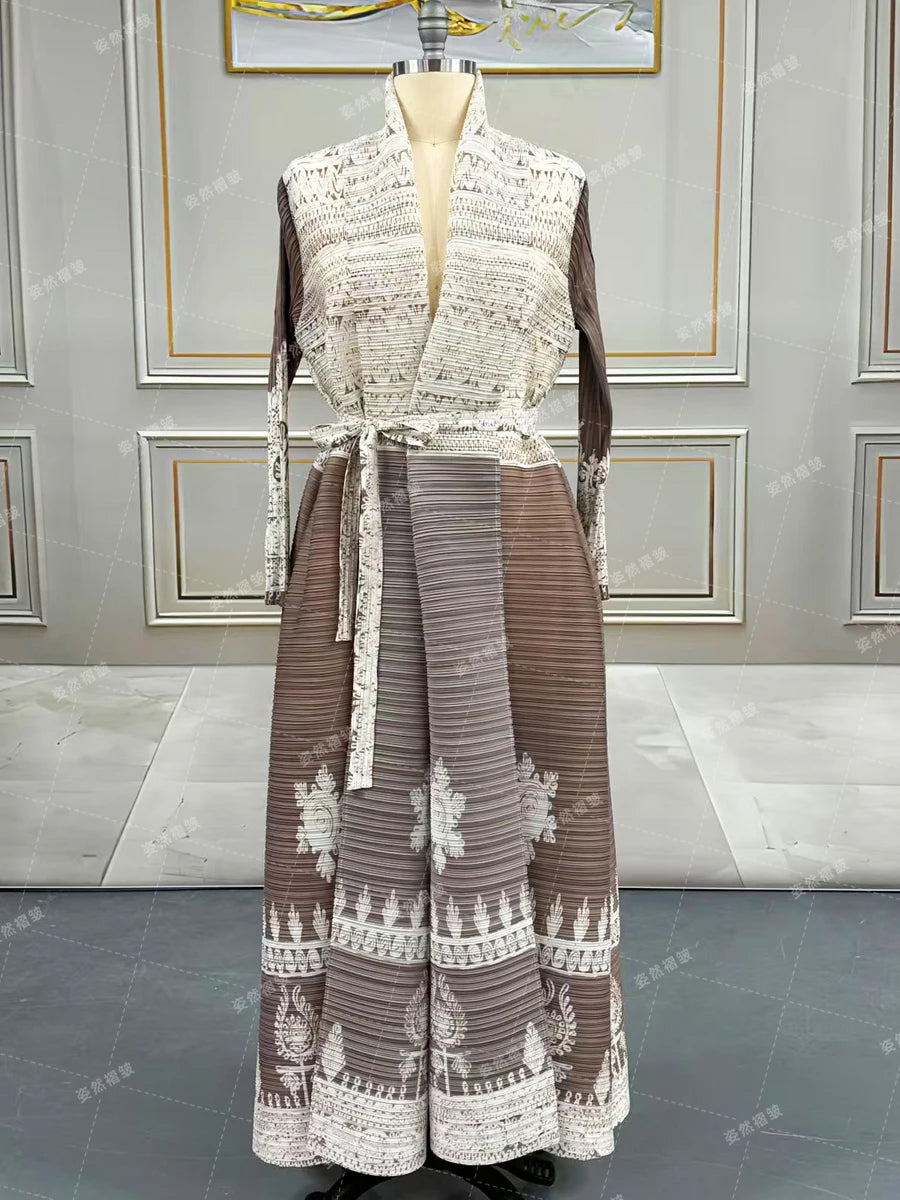 Eid Abaya Dubai Luxury For Women Miyake Pleated Plus Size Middle Eastern Clothing Long Sleeve Coat With Belt Female Formal Robe