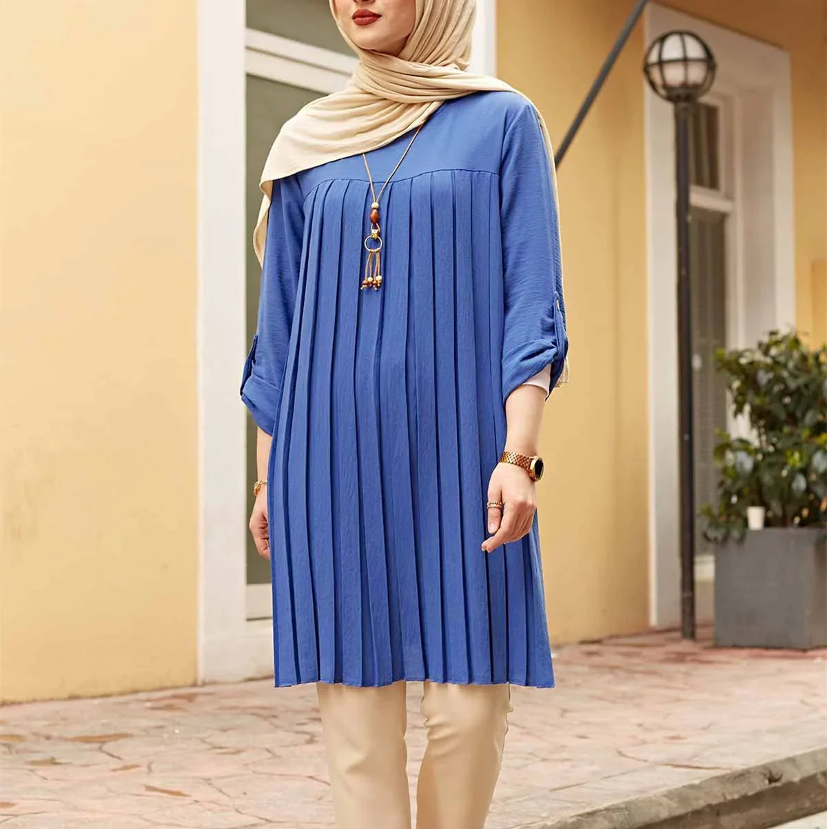 Middle East New Muslim Women's Autumn Casual Pleated Loose Long Sleeve Round Neck Plus Size Top Robe Women Dubai Turkey (Abaya)