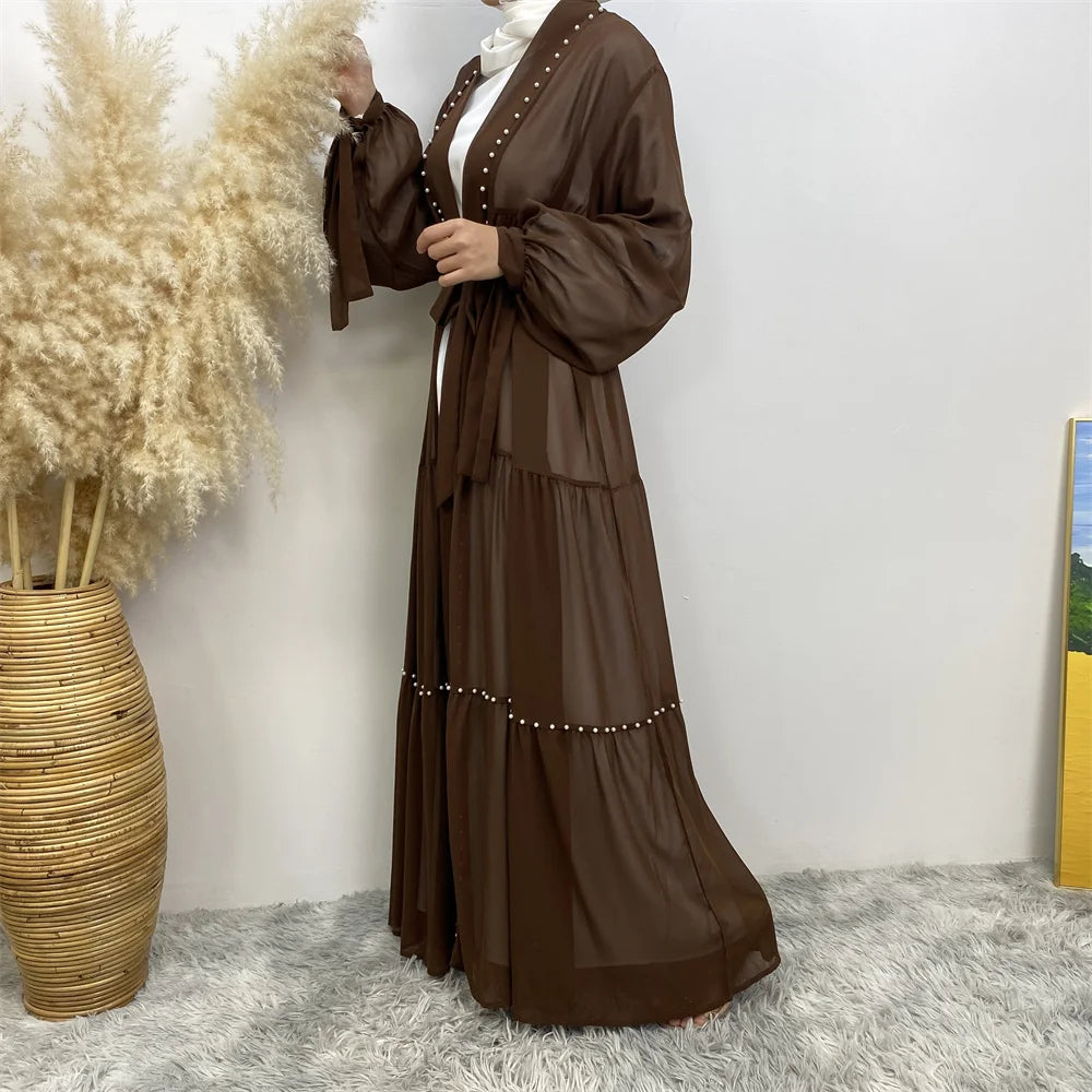 Abaya Dubai Muslim women's fashion Cardigan dress Arab net color studded Moo chiffon elegant temperament cardigan robe