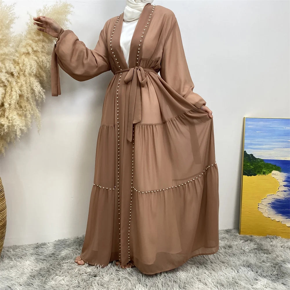 Abaya Dubai Muslim women's fashion Cardigan dress Arab net color studded Moo chiffon elegant temperament cardigan robe