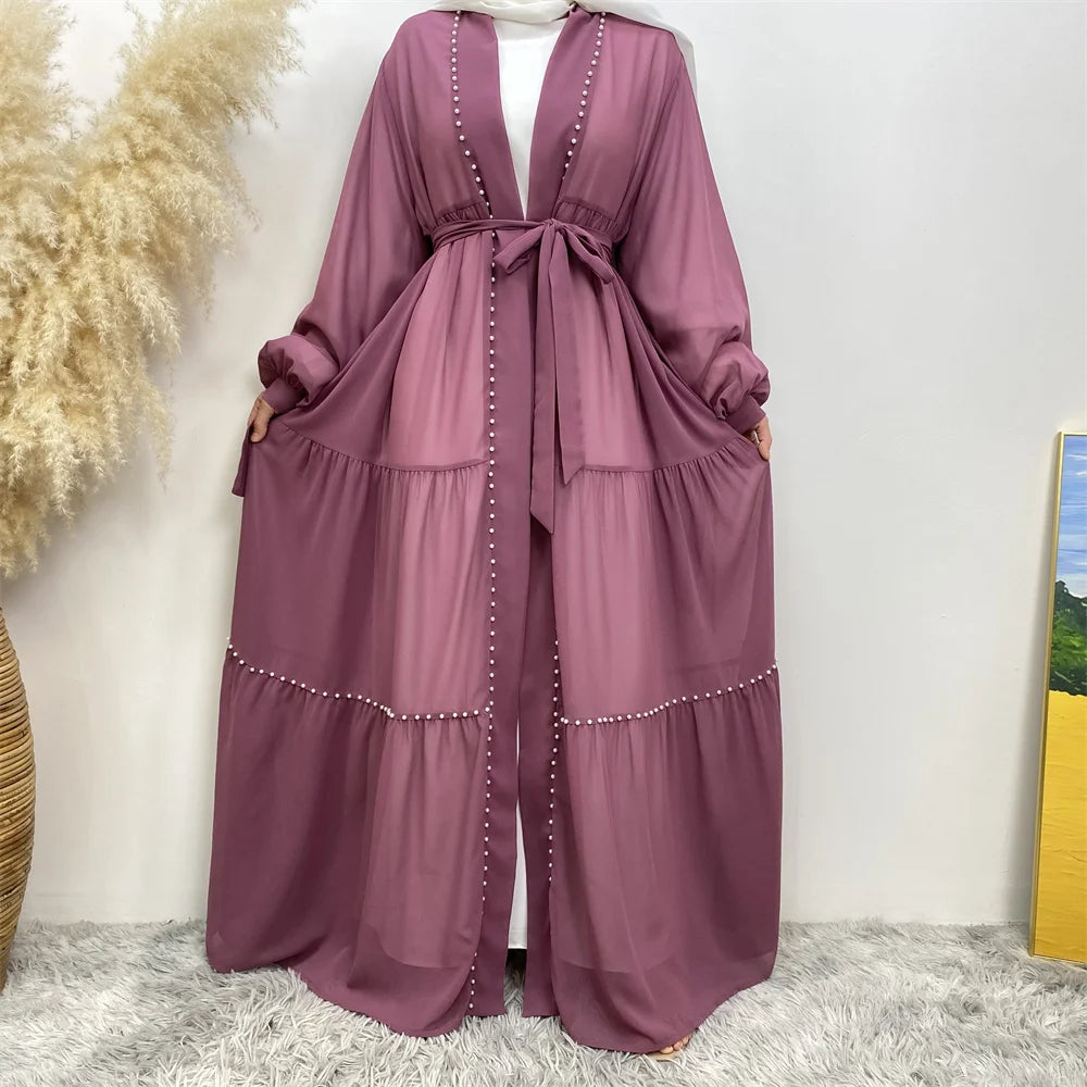 Abaya Dubai Muslim women's fashion Cardigan dress Arab net color studded Moo chiffon elegant temperament cardigan robe