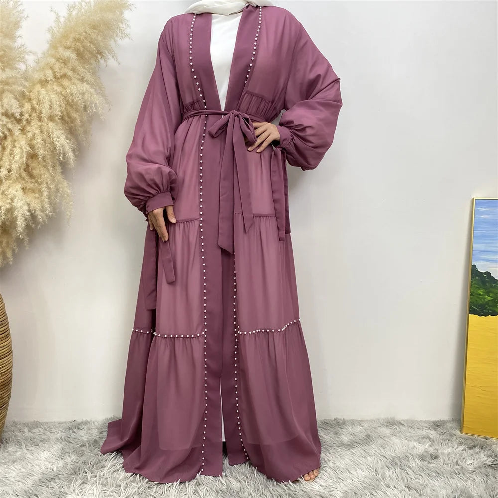 Abaya Dubai Muslim women's fashion Cardigan dress Arab net color studded Moo chiffon elegant temperament cardigan robe