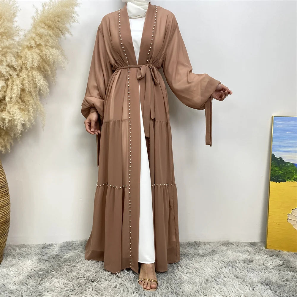 Abaya Dubai Muslim women's fashion Cardigan dress Arab net color studded Moo chiffon elegant temperament cardigan robe