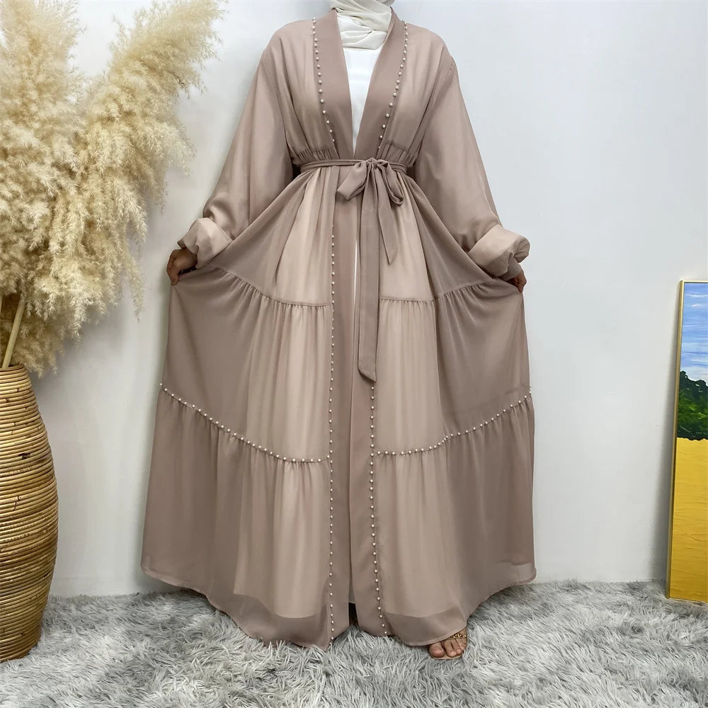Abaya Dubai Muslim women's fashion Cardigan dress Arab net color studded Moo chiffon elegant temperament cardigan robe