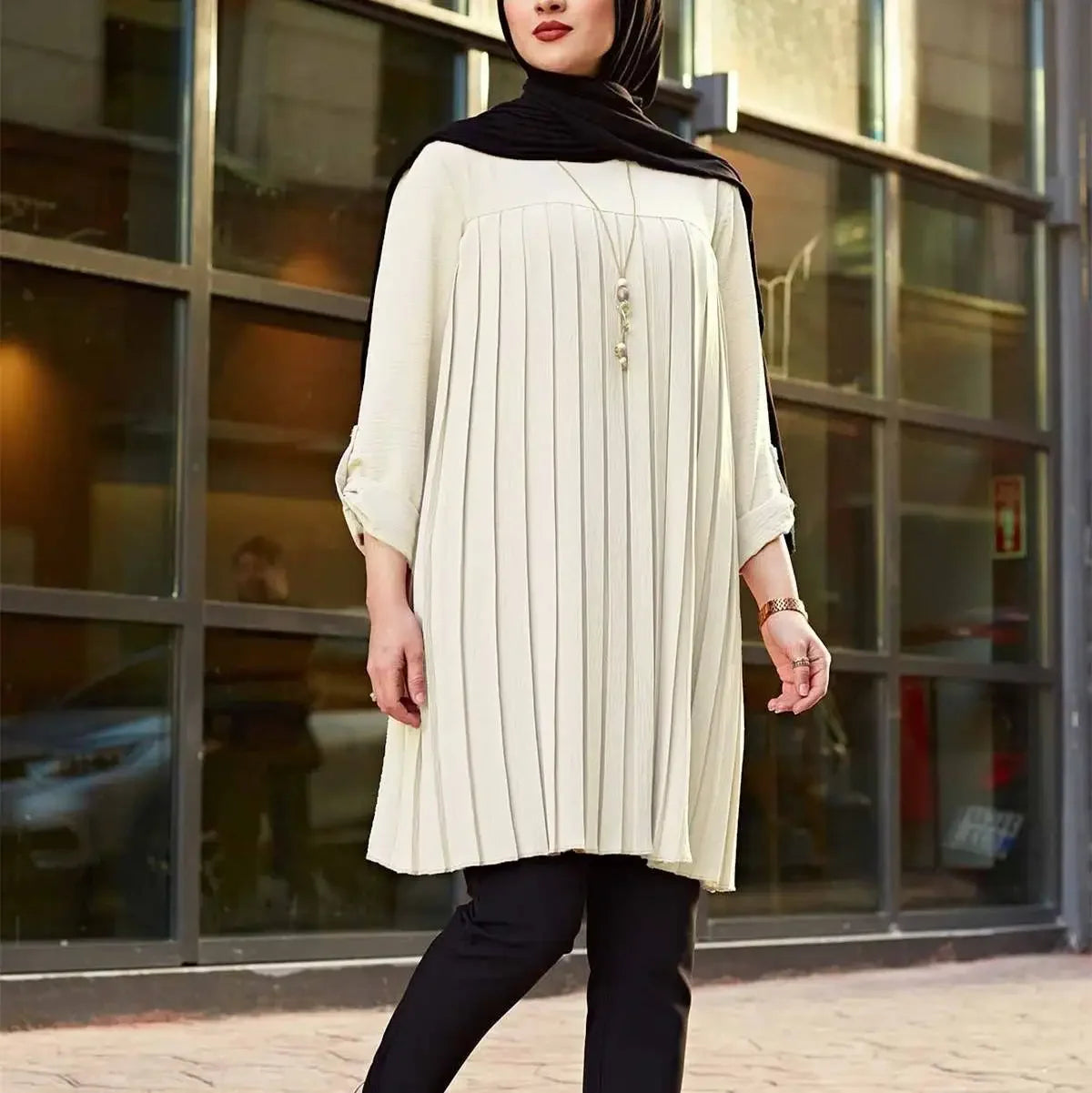 Middle East New Muslim Women's Autumn Casual Pleated Loose Long Sleeve Round Neck Plus Size Top Robe Women Dubai Turkey (Abaya)