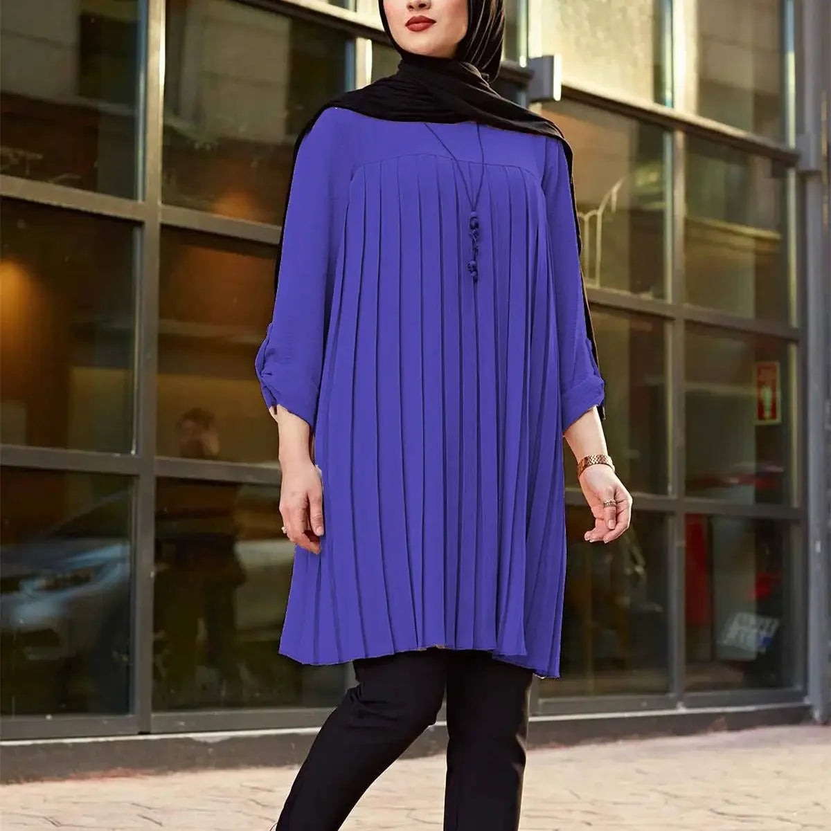 Middle East New Muslim Women's Autumn Casual Pleated Loose Long Sleeve Round Neck Plus Size Top Robe Women Dubai Turkey (Abaya)