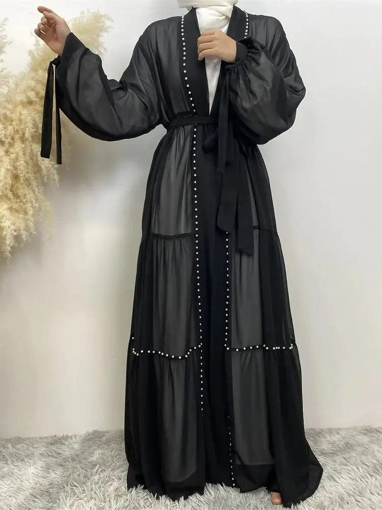 Abaya Dubai Muslim women's fashion Cardigan dress Arab net color studded Moo chiffon elegant temperament cardigan robe