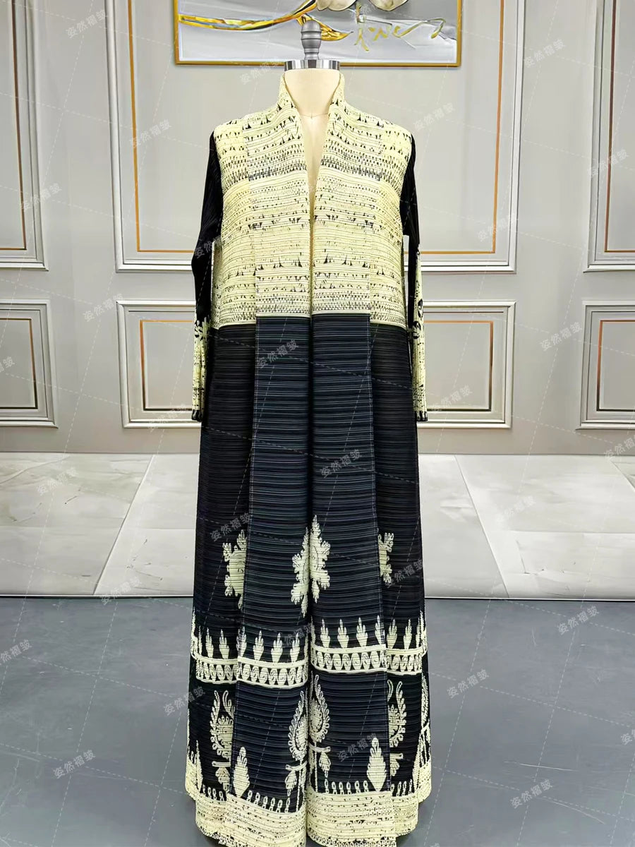 Eid Abaya Dubai Luxury For Women Miyake Pleated Plus Size Middle Eastern Clothing Long Sleeve Coat With Belt Female Formal Robe