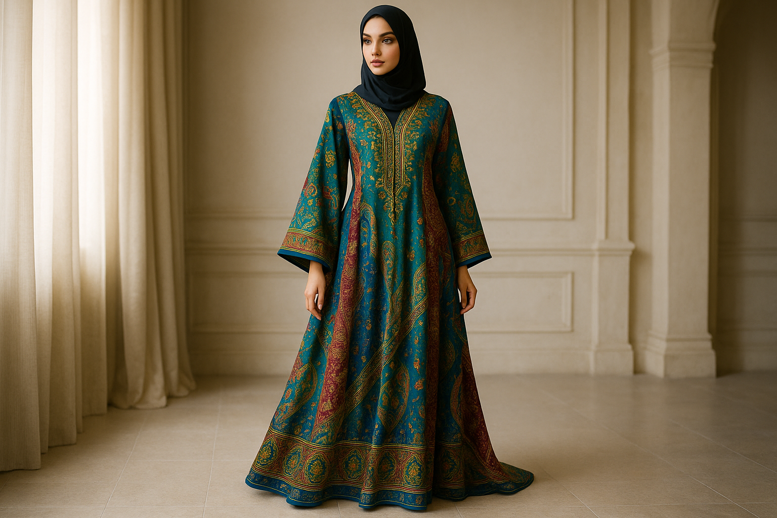 A beautiful talk girl wearing a colorful modest abaya fashion